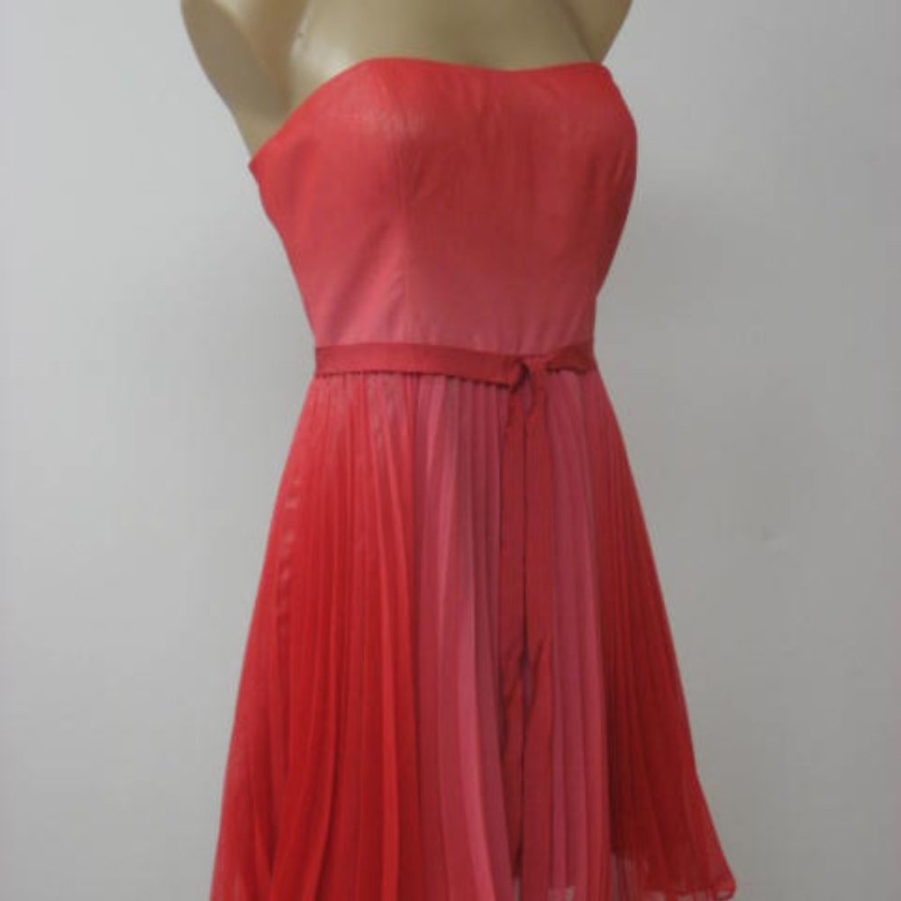 AQUA Coral Strapless Pleated Belted Flow Mini Dress 10 New - Picture 2 of 6